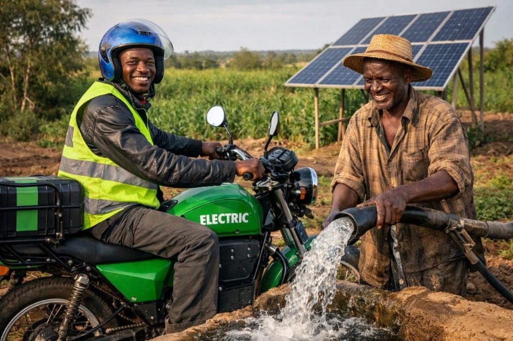 Electric motorbike rider and farmer with solar-powered water pump in Kenya